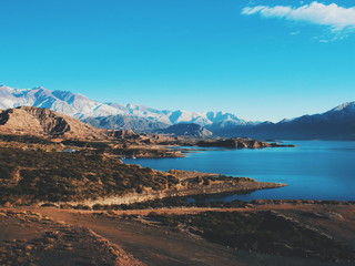 Panoramic view of mountain and lake in Potrerillos in the province of Mendoza, Argentina