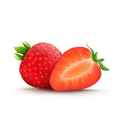 Red Strawberry and Half of strawberry fruits realistic illustration isolated on white background. 