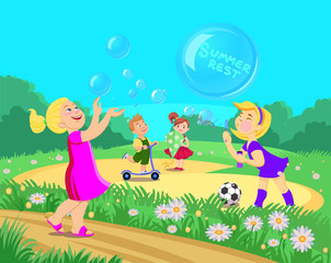 Obraz na płótnie Canvas cartoon children characters play in the park, summer vacation