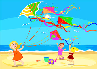 Obraz na płótnie Canvas Cartoon characters play on the beach with kites. Vector 