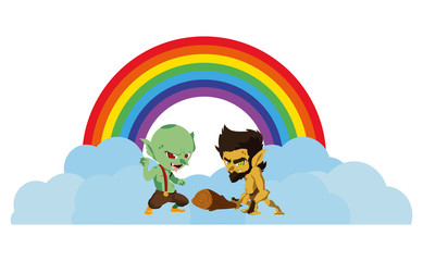 Obraz na płótnie Canvas ugly troll with caveman gnome and rainbow