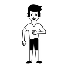 Fototapeta premium Young man with coffee cup cartoon in black and white