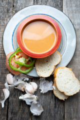 Spanish tomato gazpacho soup with garlic, bread and green pepper