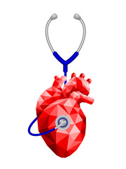 stethoscope on human heart. World heart day, icon design. Polygon style. Illustration isolated on white background.