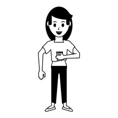 Young woman with casual clothes holding coffee cup cartoon in black and white