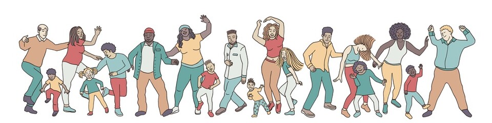Hand drawn group of diverse people, children and adults, dancing happily together
