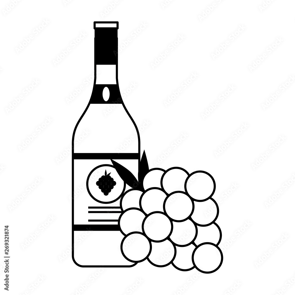 Sticker Wine bottle with grapes fruits cartoon in black and white