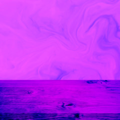 Empty wood table top on gradient neon color.