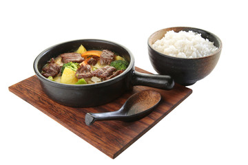 meat and rice japanese food white isolated background