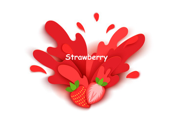 strawberry juice splashes and drops in a paper cut style. strawberry slices and paper slices. soft shadows and rich bright colors. stock vector illustration.