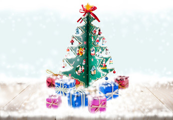 Christmas tree and gift box snow white
