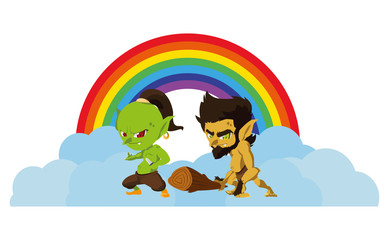 ugly troll with caveman gnome and rainbow