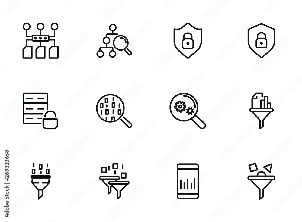 Poster data management line icon set. connection, technology, searching. database concept. can be used for 