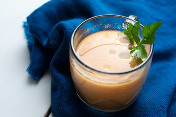 Spanish tomato gazpacho soup with garlic, bread and green pepper
