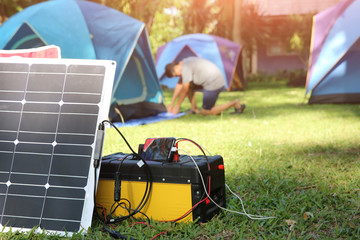 Solar Chargers for Camping, Power Box Battery Camping and Flexible solar panels - obrazy, fototapety, plakaty