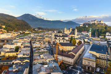 View of Salzburg and Hohensalzburg Fortress on the hill. Austria