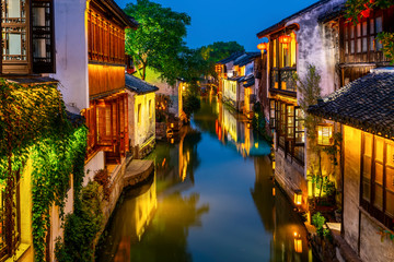 Beautiful Night View of Zhouzhuang, an Ancient Town in Jiangsu Province