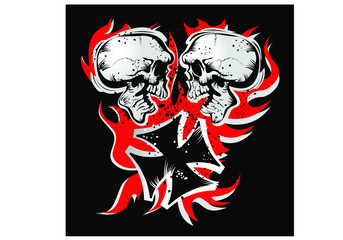emblem with two skulls, a Teutonic cross and a flame. vector drawing for illustrations