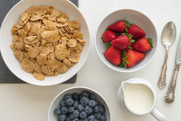 Toasted Oatmeal Flakes with Milk and Fresh Berries, Close up, in White Background.  Good Source of Fiber and Vitamins