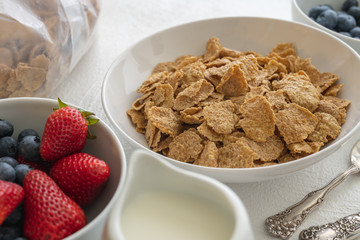 Toasted Oatmeal Flakes with Milk and Fresh Berries, Close up, in White Background.  Good Source of Fiber and Vitamins