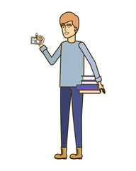 man with books in white background