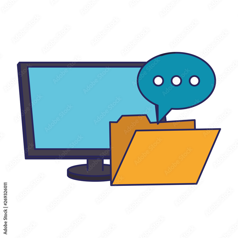 Poster computer and folder with chat bubble blue lines