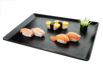 salmon sushi plate white background
