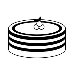 Big cake with red fruits cartoon in black and white