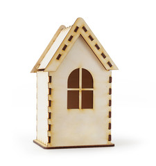 Small wooden model of a house isolated on white background