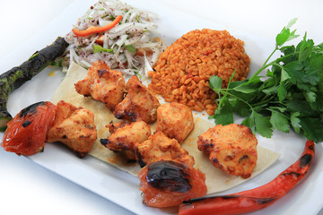 chicken shish kebab turkish cuisine white background
