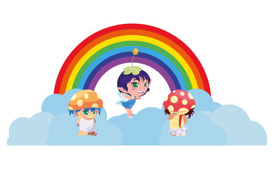 fungus elfs and fairy with rainbow