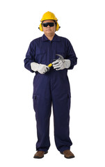 Full body portrait of a worker in Mechanic Jumpsuit is Holding a hammer isolated on white background