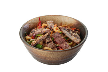 beef veggie noodle white background
