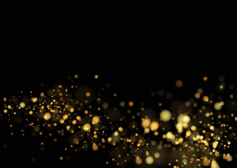 Fototapeta na wymiar Gold glitter texture isolated with bokeh on black background. Particles color Celebratory. Golden explosion of confetti Design. Vector illustration