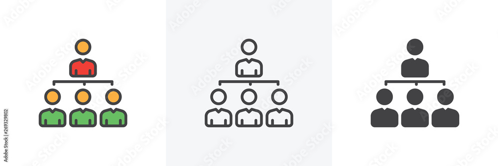 Poster management icon. line, glyph and filled outline colorful version, organizational hierarchical scheme
