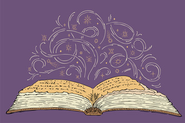 Magic old book. Vector sketch of an open book with curls and stars. Mystical concept. Hand drawn vector illustration