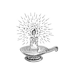 Candle sketch. Hand drawn vector illustration of a burning candle with rays of light.