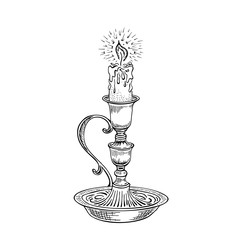 Hand drawn burning candle in candlestick isolated on white background. Sketch ink vector illustration