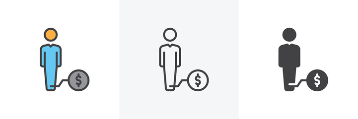 Man with weight debt icon. Line, glyph and filled outline colorful version, Debtor outline and filled vector sign. Symbol, logo illustration. Different style icons set. Vector graphics