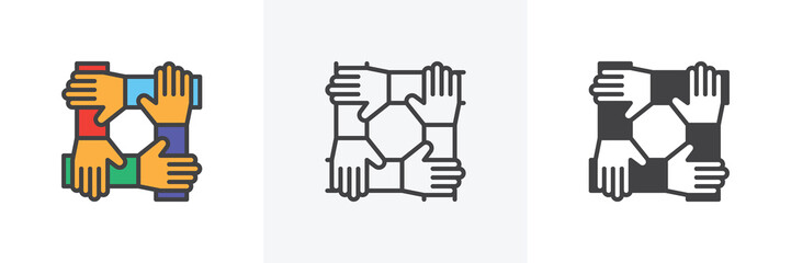 Cooperation hands, teamwork icon. Line, glyph and filled outline colorful version, Team work outline and filled vector sign. Symbol, logo illustration. Different style icons set. Vector graphics