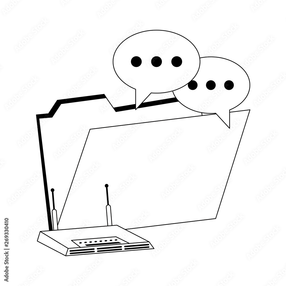 Poster digital folder with chat bubbles and wifi router in black and white