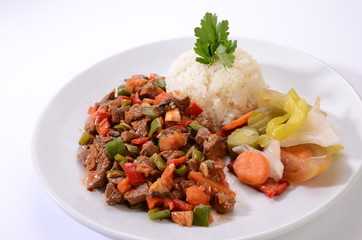 meat saute with rice white background