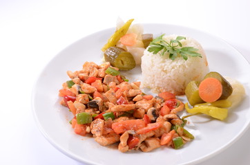 chicken saute with rice white background