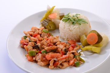 chicken saute with rice white background