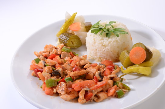 chicken saute with rice white background