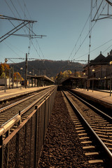 Evening light over Railway station in historical town of Sinaia, famous mountain resort in Carpathians mountains