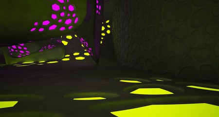 Abstract  Concrete Futuristic Sci-Fi interior With Pink And Yellow Glowing Neon Tubes . 3D illustration and rendering.