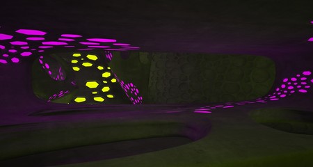 Abstract  Concrete Futuristic Sci-Fi interior With Pink And Yellow Glowing Neon Tubes . 3D illustration and rendering.