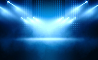 Background of empty stage show. Neon light and laser show. Laser futuristic shapes on a dark background. Abstract dark background with neon glow