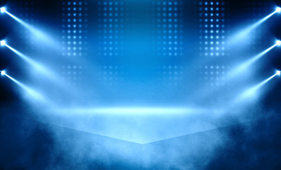 Background of empty stage show. Neon light and laser show. Laser futuristic shapes on a dark background. Abstract dark background with neon glow